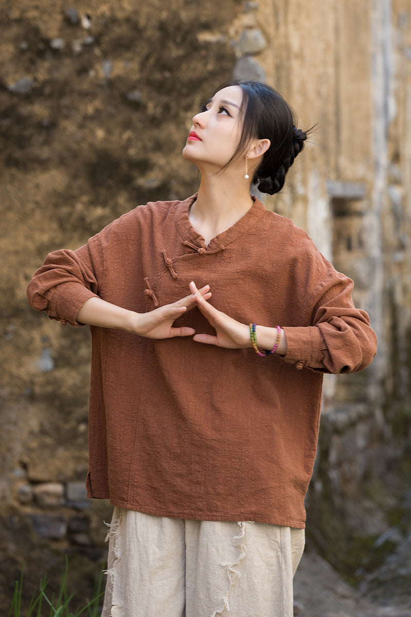 Long Sleeve Standing Collar Cotton Linen Frog Button Shirt, Vintage Chinese Casual Shirt 20250604