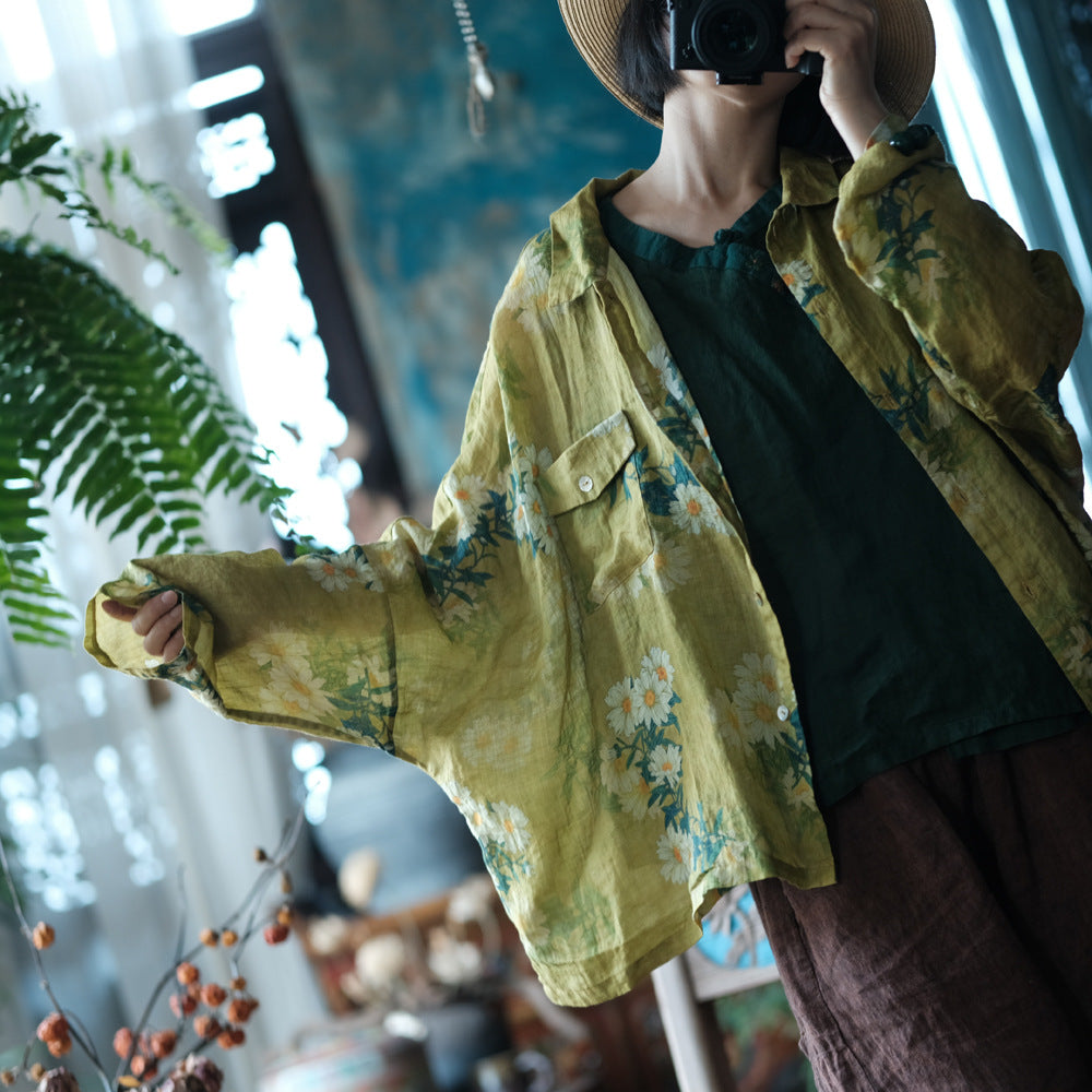 Vintage Yellow Digital Print Pure Ramie Shirt, Summer Loose Casual Shirt 240621