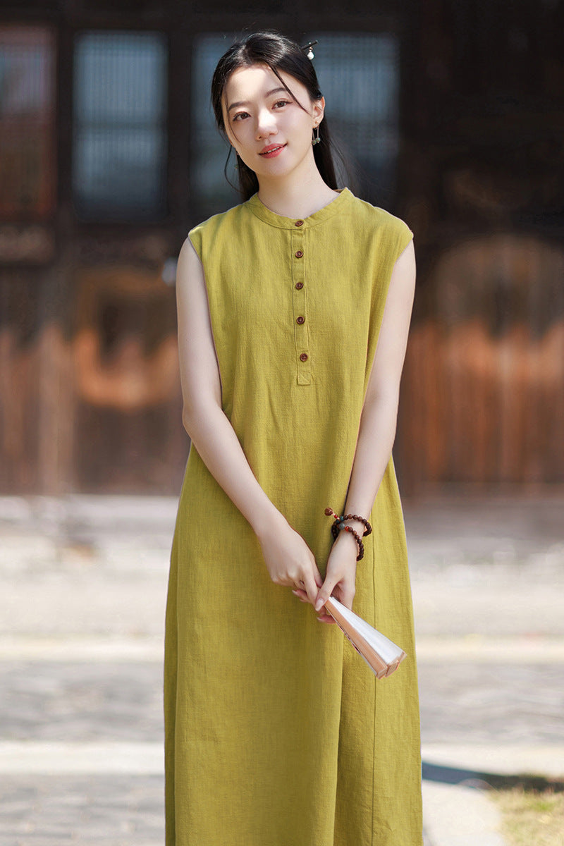 2026 Summer Women's Boho-Chic Dress: Loose-Fit, Sand-Washed Ramie Mid-Length Dress with a Zen-Inspired Aesthetic