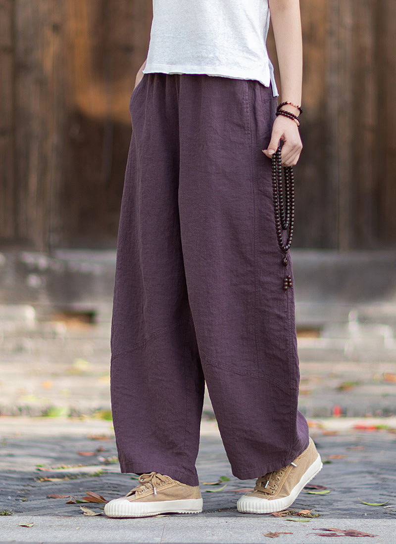 New Summer Arrival: Women's Artistic-Style Lightweight Linen Casual Pants with Elastic Waistband, Sandwashed, Distressed, Patchwork, and Cropped Bell-Bottom Design 20260511