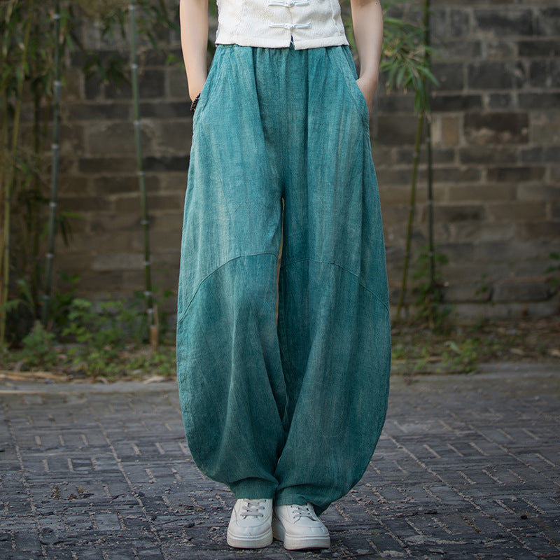 Ramie Handmade Tie-Dyed Loose Wide Leg Pants, Vintage Tapered Elastic Waist Lantern Pants 20240722