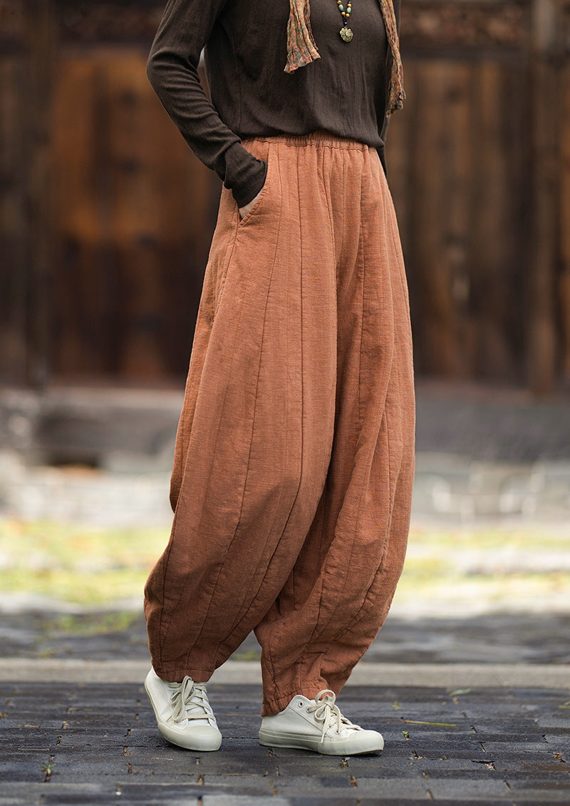 2026 Original New Arrival: Winter Ramie-Cotton Sandwashed Distressed Patchwork Pumpkin-Colored Women's Harem Pants