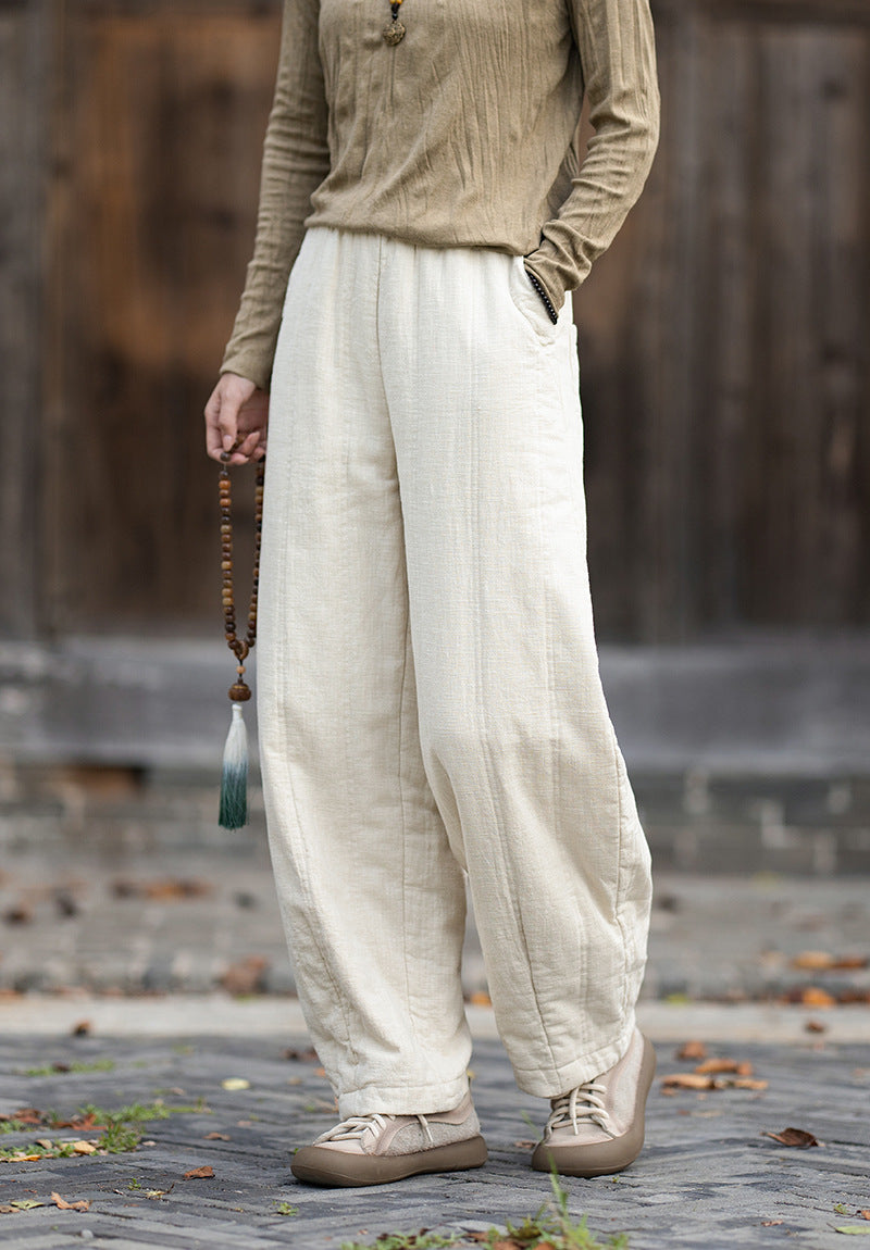 2026 Winter New Original Cotton-Linen Women's Retro, Versatile, Slimming, Elastic-Waist, Loose-Fitting, Casual, Patchwork Straight-Leg Pants