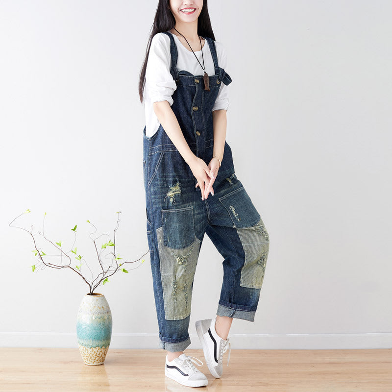 Women's Cotton Overalls,Denim Overalls,Stonewashed Loose Overalls