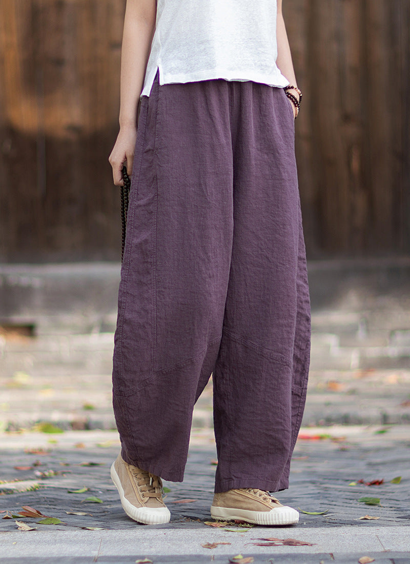 New Summer Arrival: Women's Artistic-Style Lightweight Linen Casual Pants with Elastic Waistband, Sandwashed, Distressed, Patchwork, and Cropped Bell-Bottom Design 20260511