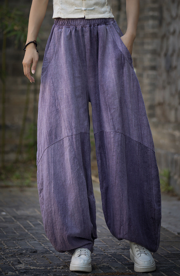 Ramie Handmade Tie-Dyed Loose Wide Leg Pants, Vintage Tapered Elastic Waist Lantern Pants 20240722