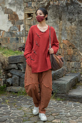 Vintage Summer Chinese Boat Collar Long Sleeve Shirt, Cotton  Linen Washed Frog Long T-Shirt 20250604