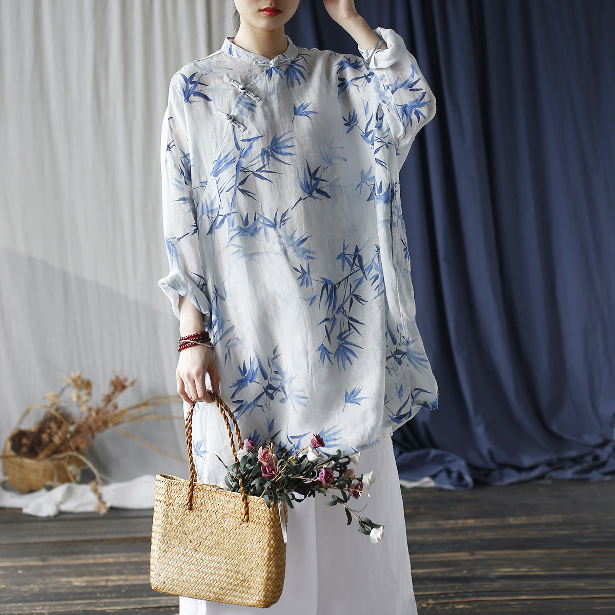 Summer Printed Standing Collar Chinese Frog Button Casual Shirt, Loose Ramie Shirt 20240803