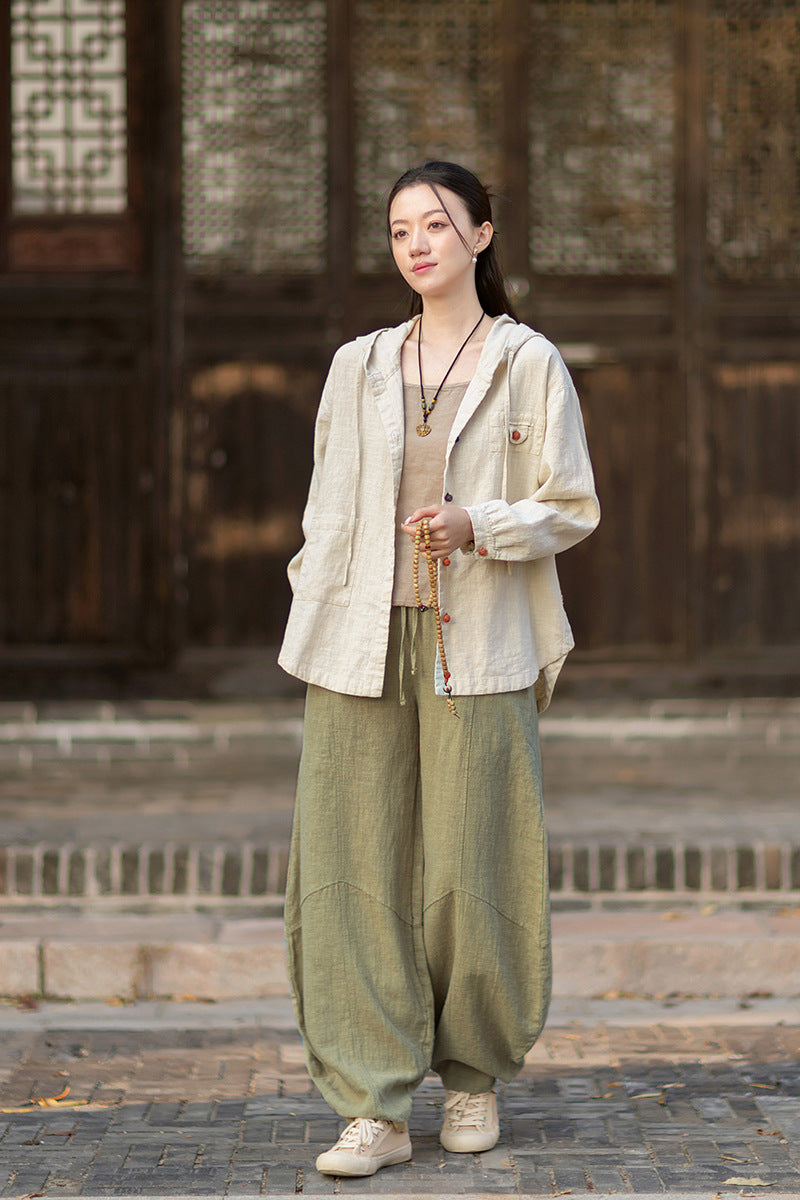2026 Spring New Arrival: Oversized Casual Hooded Color-Blocked Button-Down Shirt, Women's Sandwashed Cotton-Linen Jacket