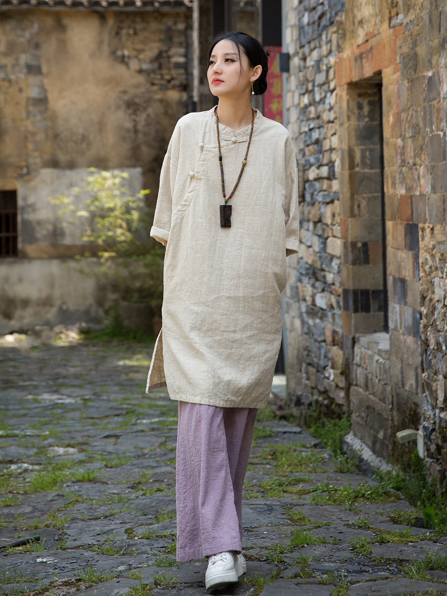 Women's summer Chinese loose frog button cheongsam, retro cotton  linen casual long shirt20250604