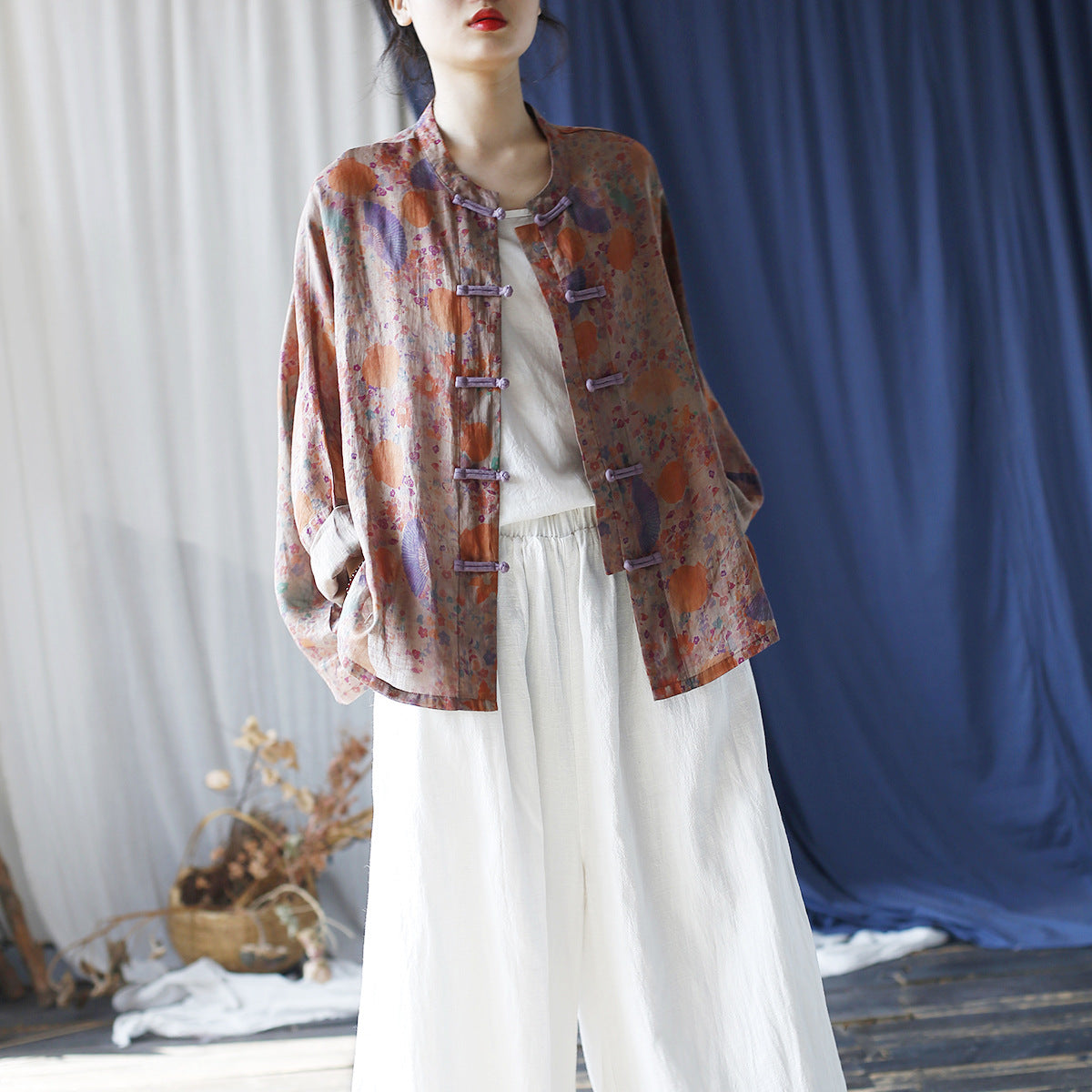 Printed Standing Collar Women Ramie Frog Button Shirt, Summer Vintage Loose Light Cardigan 20240802