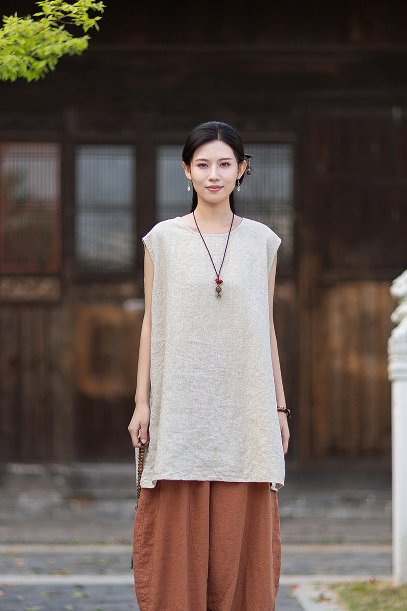 New Vintage-Style Ombré Distressed Versatile Lightweight Sleeveless Dress for Women: Round-Neck Linen Tank Dress 20260511