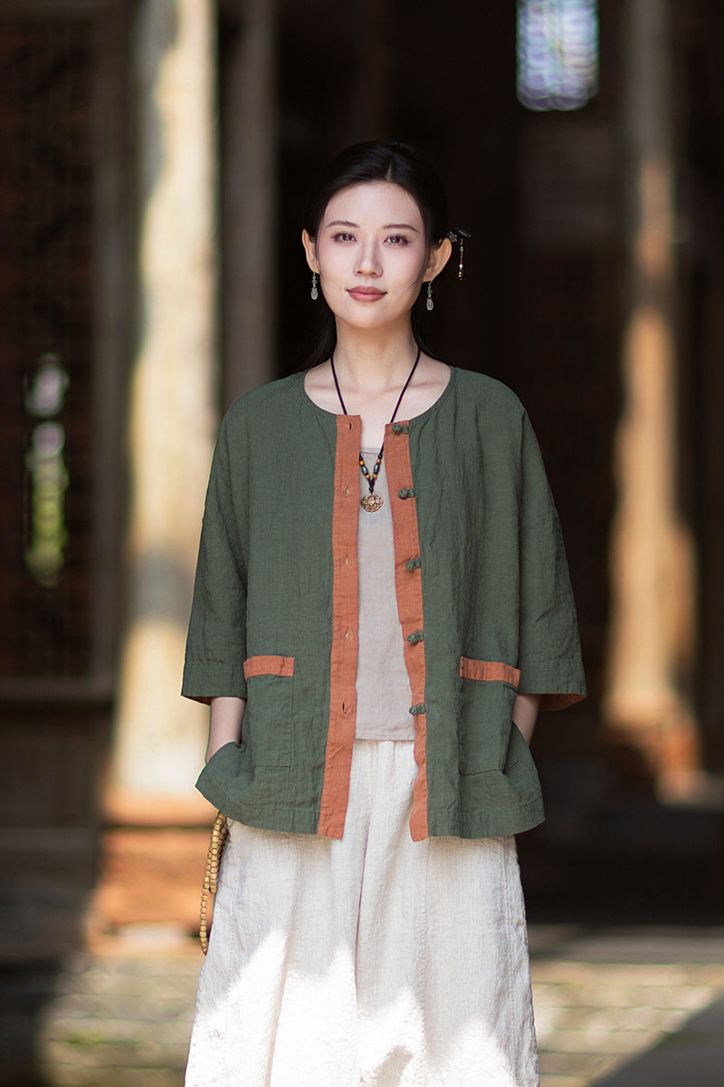 New New Chinese-Style Design: Comfortable, Lightweight Linen Top with Color-Blocked Patchwork and Button-Front Cardigan 20260511