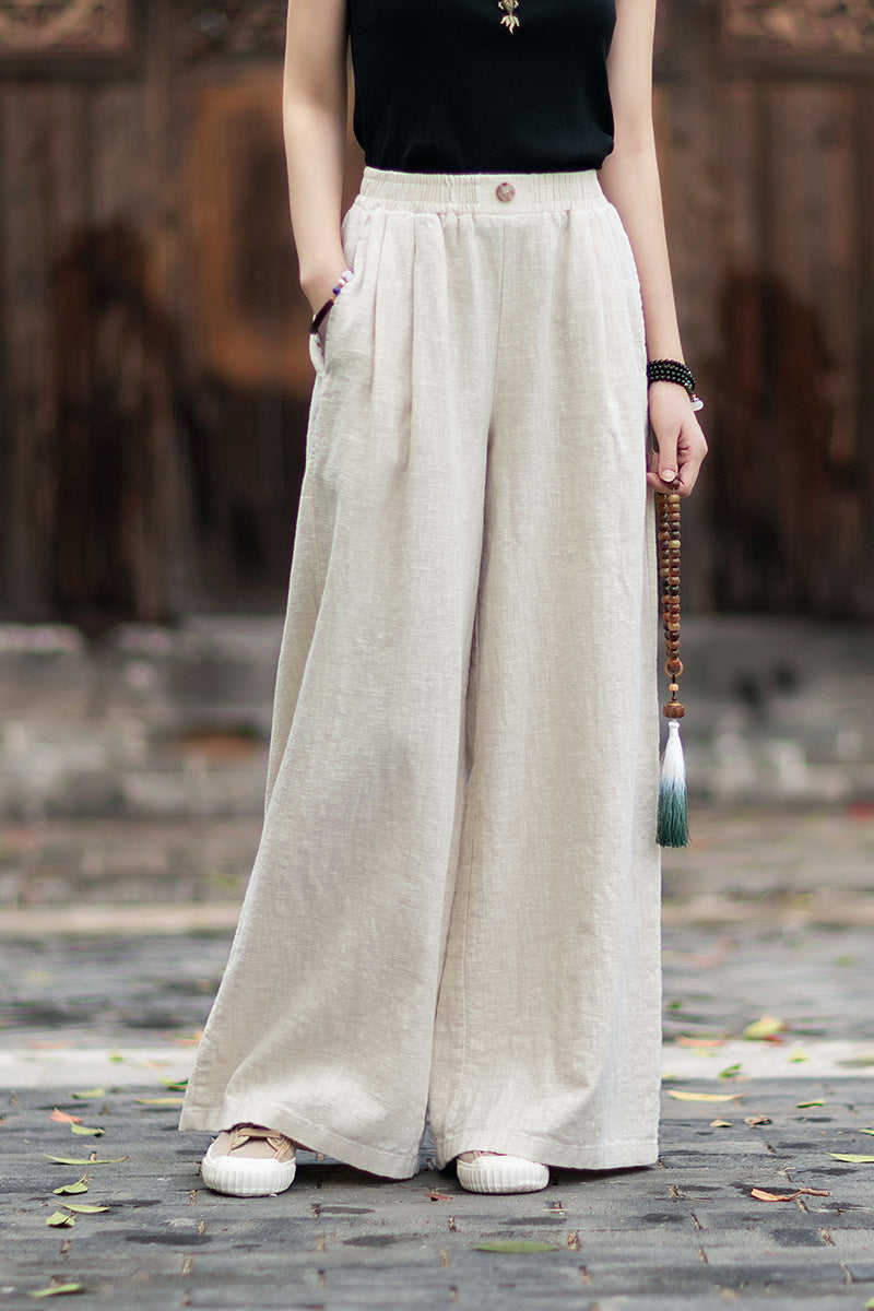 New Arrival: Women's Cotton-Linen Artistic Retro Loose Ramie Skirt-Pants – Versatile Relaxed-Fit Wide-Leg Pants with Elastic Waist – 20260511