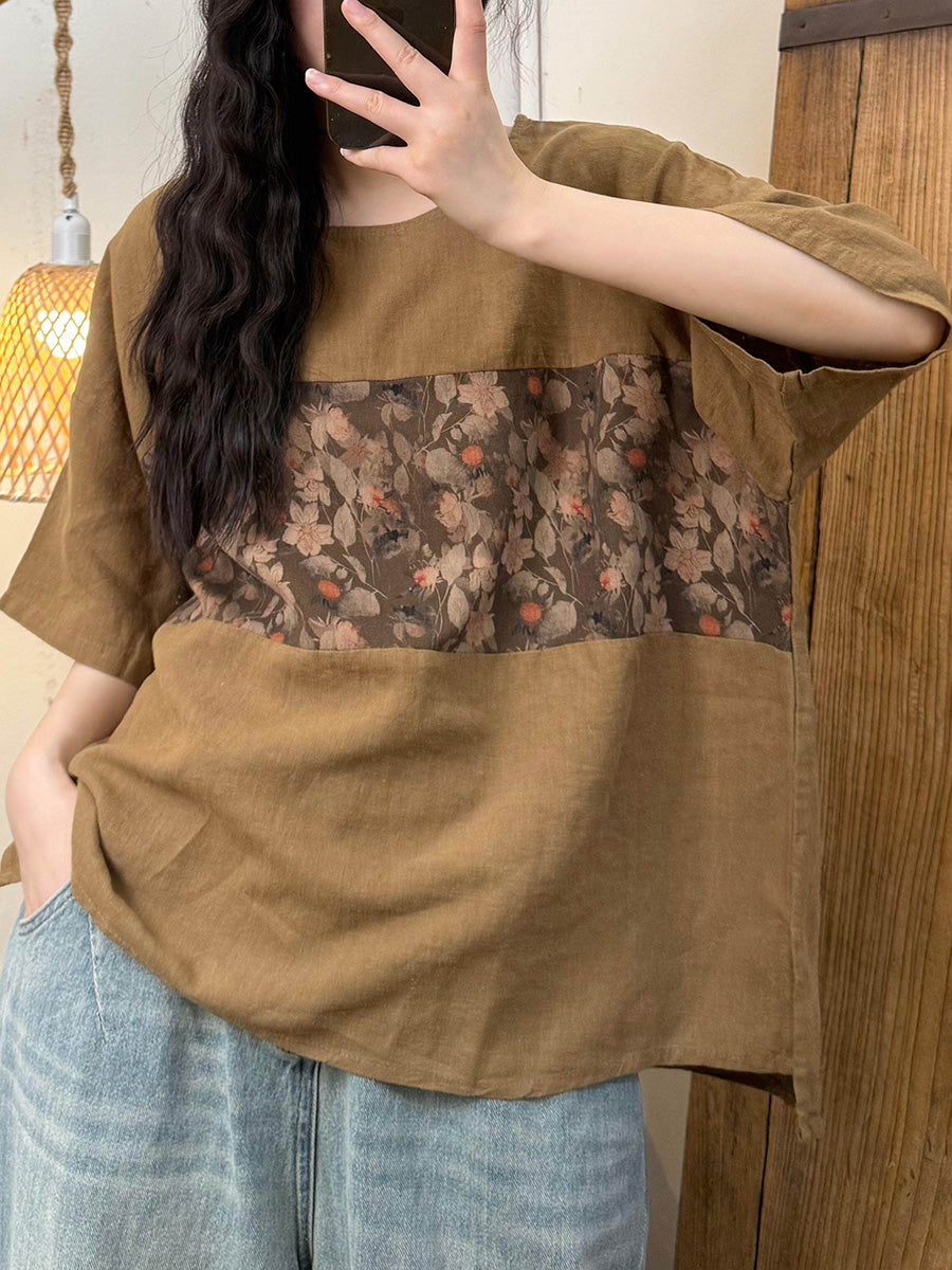Women Loose-fitting printed T-shirt Summer Vintage Flower Spliced O-Neck Shirt