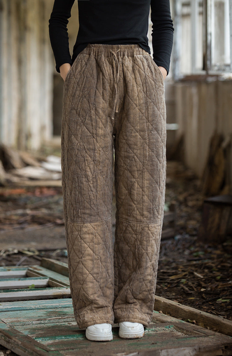 2024 Winter Thickened Fried Color Tie-Dye Quilted Warm Cotton Linen Pants, Retro Loose Cotton Linen Tapered Pants 20241114