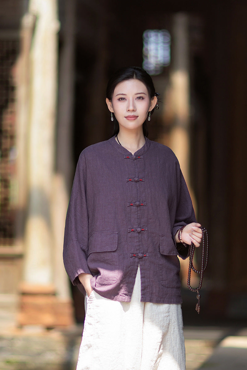 New Chinese-Style Loose-Fit Women's Shirt: Ramie Distressed Mandarin-Collared Modified Tang-Style Cardigan 20260511