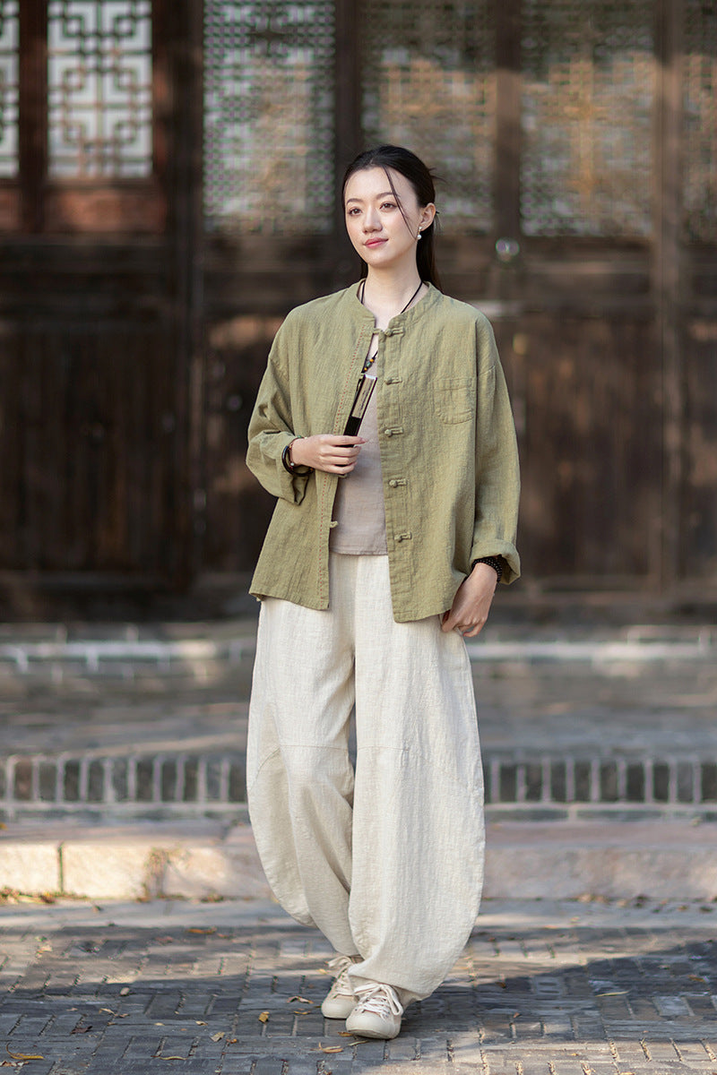 2026 Spring Cotton-Linen Women's New Chinese-Style Ramie Blouse, Loose-Fitting Cotton-Linen Button-Down Shirt with Chinese-Style Buttons, Modernized Tang-Style Jacket