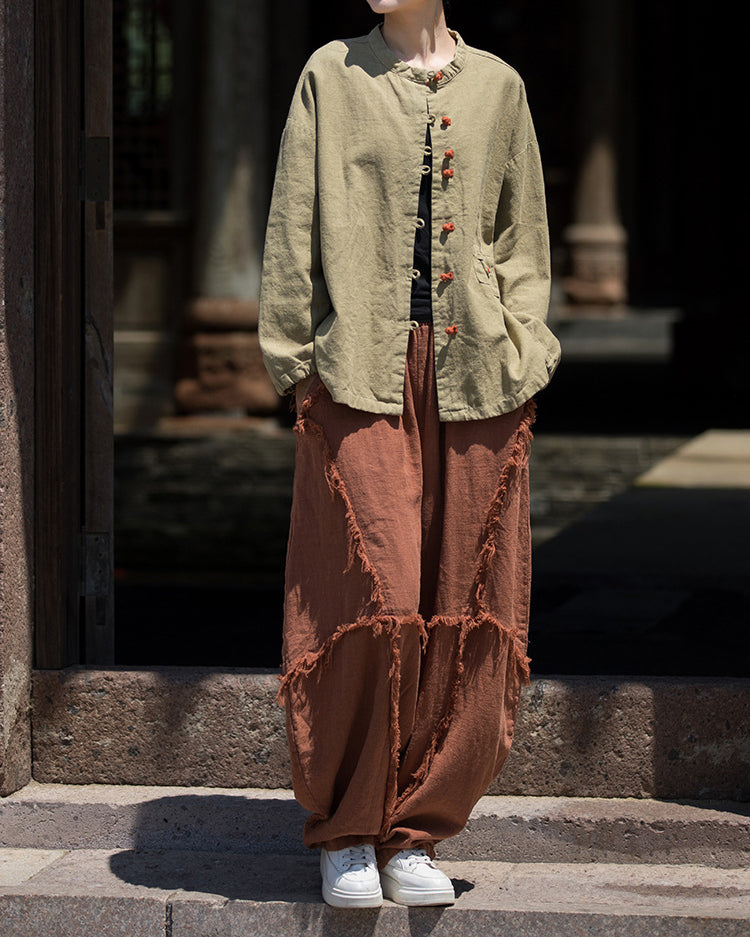 Summer cotton linen Chinese stand-up collar shirt, sandwashed frog button women's long-sleeved shirt 20240714