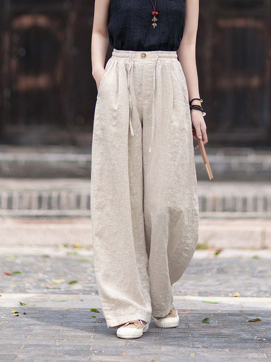 New Summer Collection: Women's Cotton-Linen Artistic and Versatile Casual Linen Pants with Drawstring Elastic Waist, Flowing Silhouette, and Slimming Straight Legs 20260511