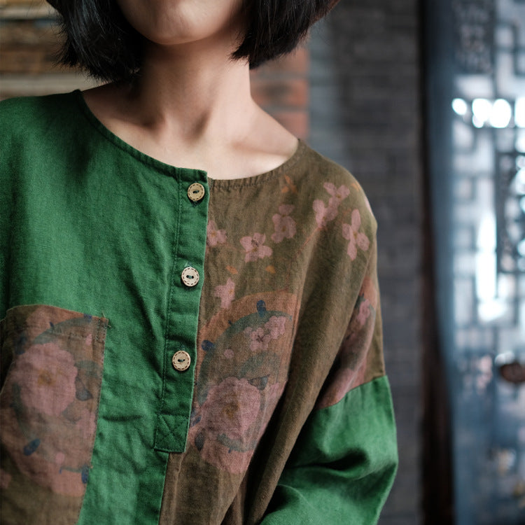 Green patchwork printed linen shirt, summer linen shirt, vintage Chinese loose chambray casual shirt