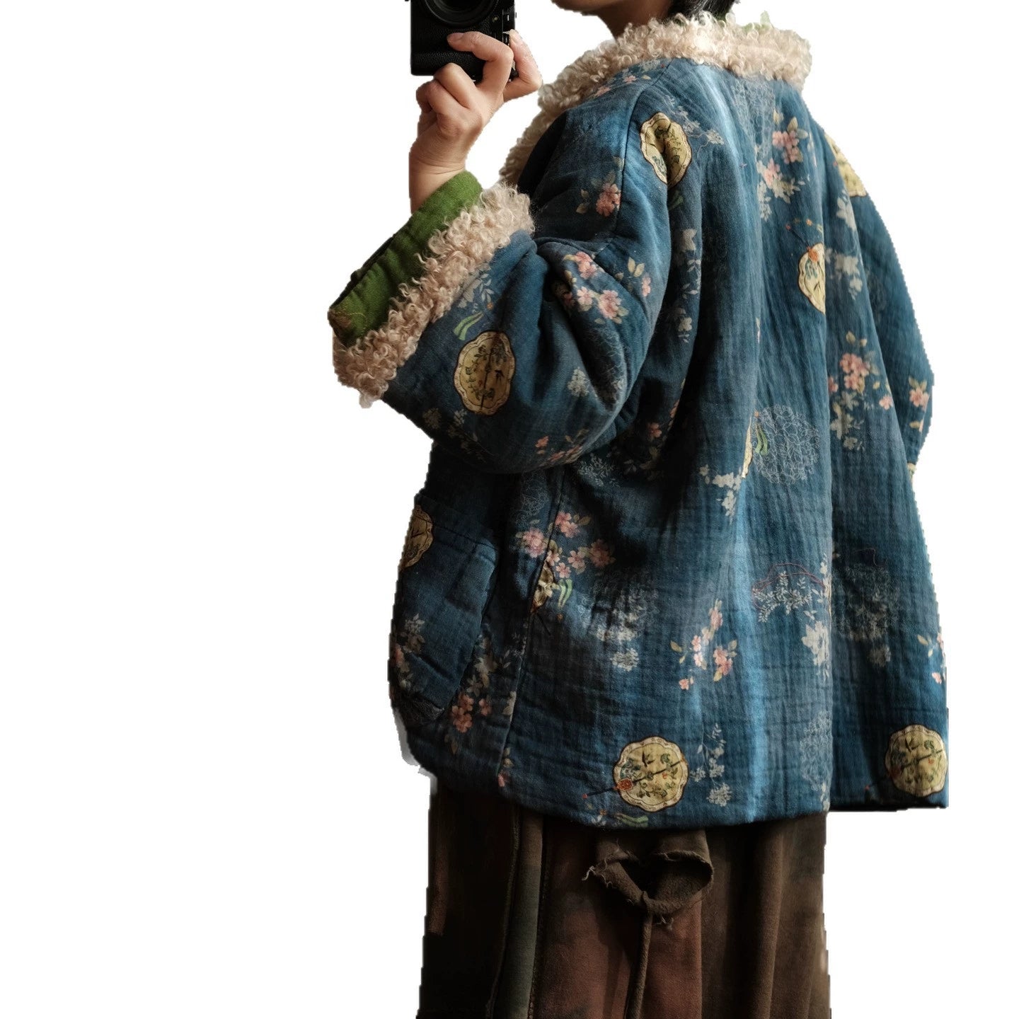 Retro Bohemian Shearling-Patchwork Cotton Jacket for Women Printed Oversized Cotton Coat,Vintage  Japanese kimono, Oversize Printed bamboo leaf Cotton  Linen Jacket