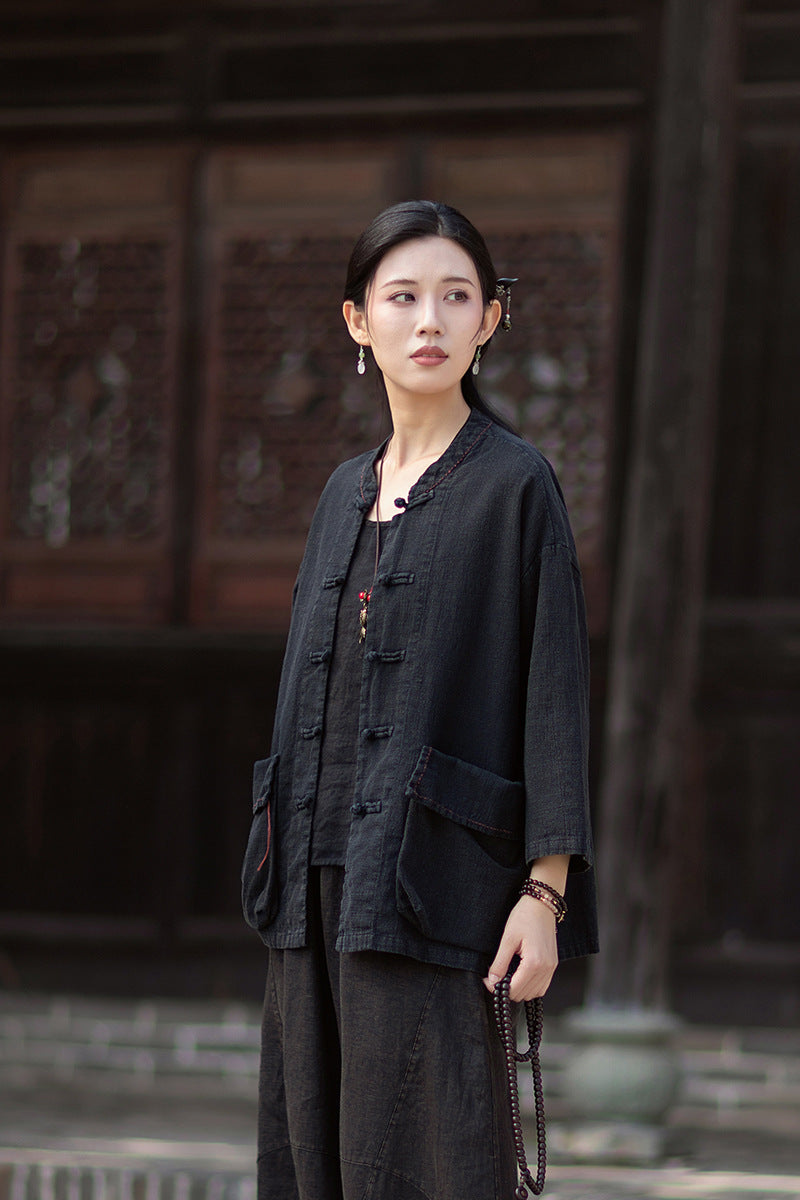 Summer New Arrival: Original Linen Hand-Knotted Button-Down Shirt with Large Pockets for Women – Vintage Distressed Jacket 20260511