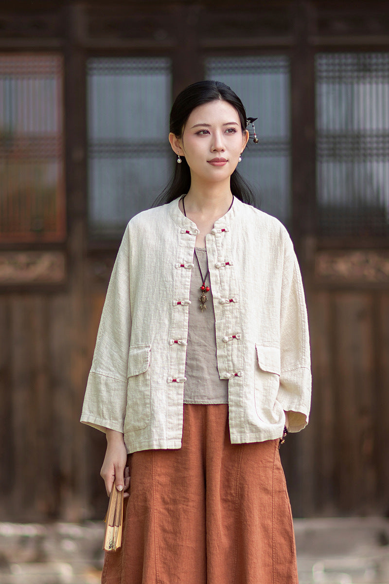 New Chinese-Style Loose-Fit Women's Shirt: Ramie Distressed Mandarin-Collared Modified Tang-Style Cardigan 20260511