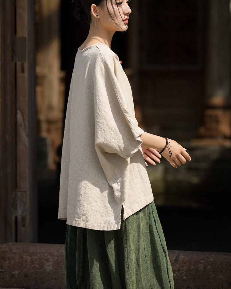 Summer Cotton Chinese t-shirt,Ramie Sand Washed Plate Button Women's Short Sleeve T-Shirt 20240714