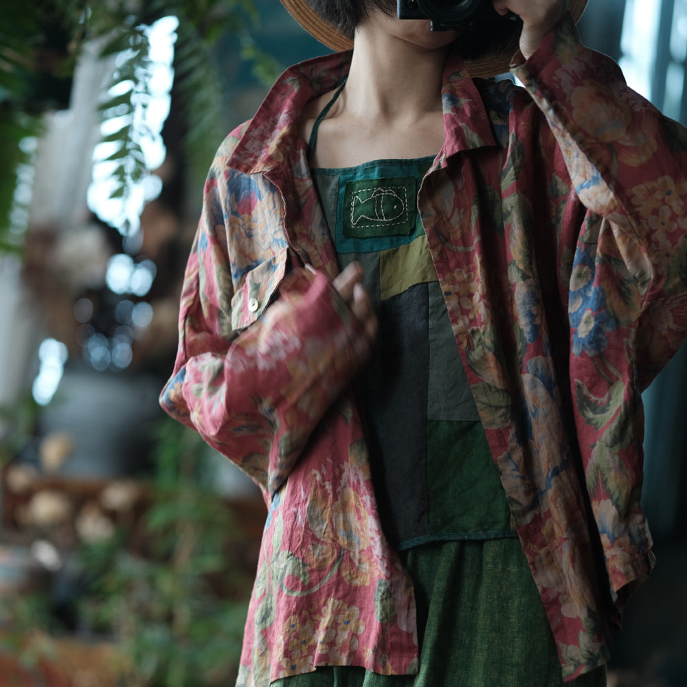 Vintage Digital Printed Pure Ramie Shirt, Summer Loose Casual Shirt 240621