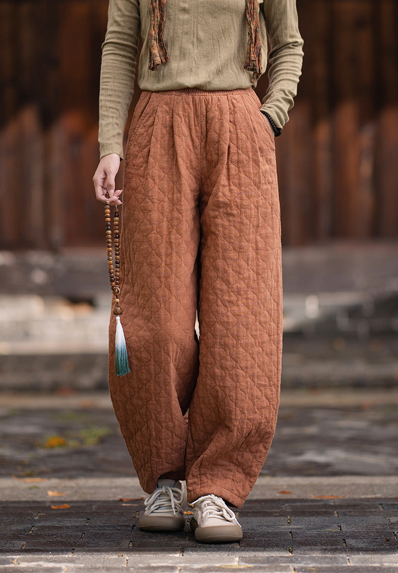 2026 Winter New Arrival: Artistic, Retro, and Zen-Inspired Women's Cotton-Padded Pants for Outdoor Wear—Warm, Cold-Resistant, with Elastic Waist and Bell-Bottom Design