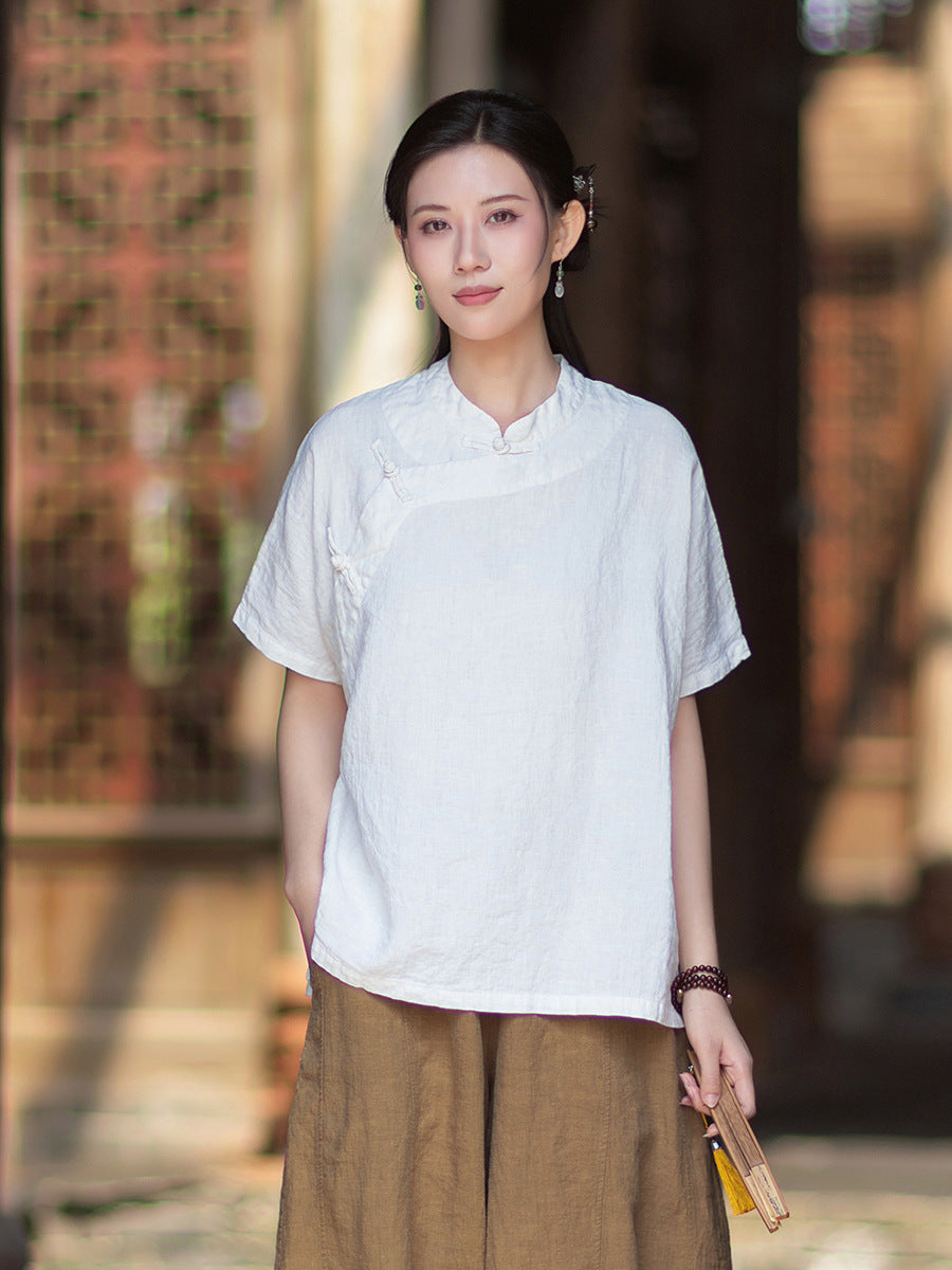 Women's Lightweight Linen Vintage-Style Summer Shirt, New Arrival: Zen-Inspired Stand-Up Collar with Button Closure 20260511