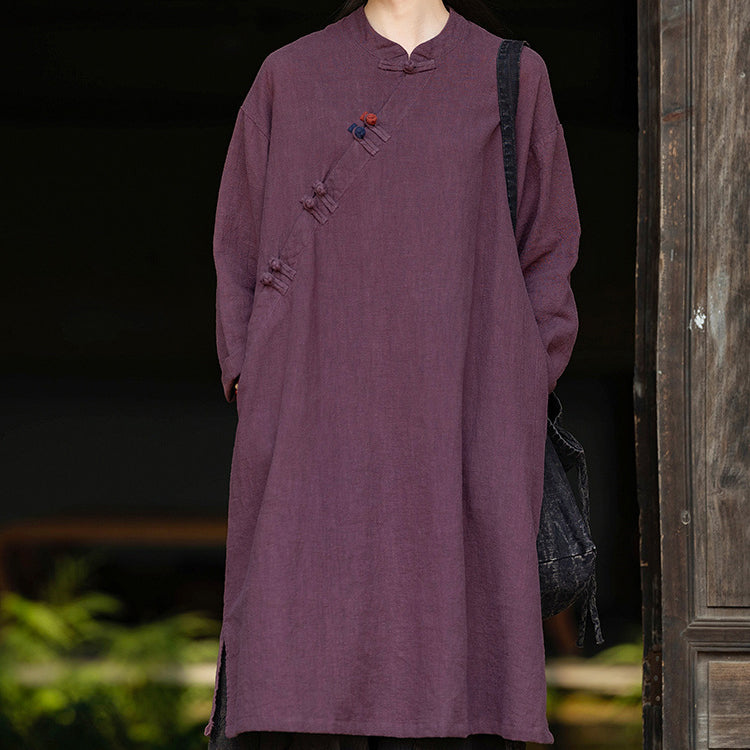 Women's Vintage Chinese Frog Button Long Sleeve Cotton and Linen Long Shirt, Standing Collar Loose Cotton and Linen Jacket 20240920