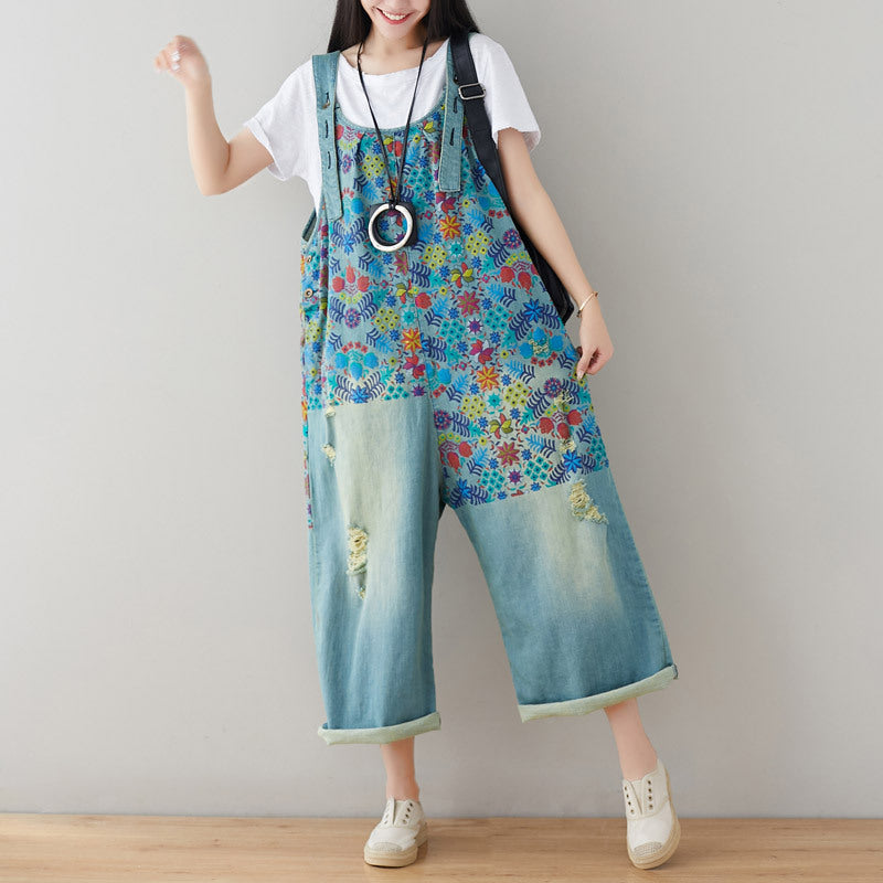 Printed floral stonewashed cotton overalls, women's denim washed overalls