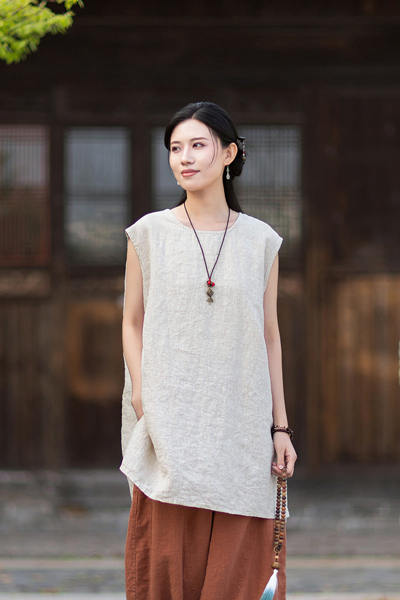New Vintage-Style Ombré Distressed Versatile Lightweight Sleeveless Dress for Women: Round-Neck Linen Tank Dress 20260511