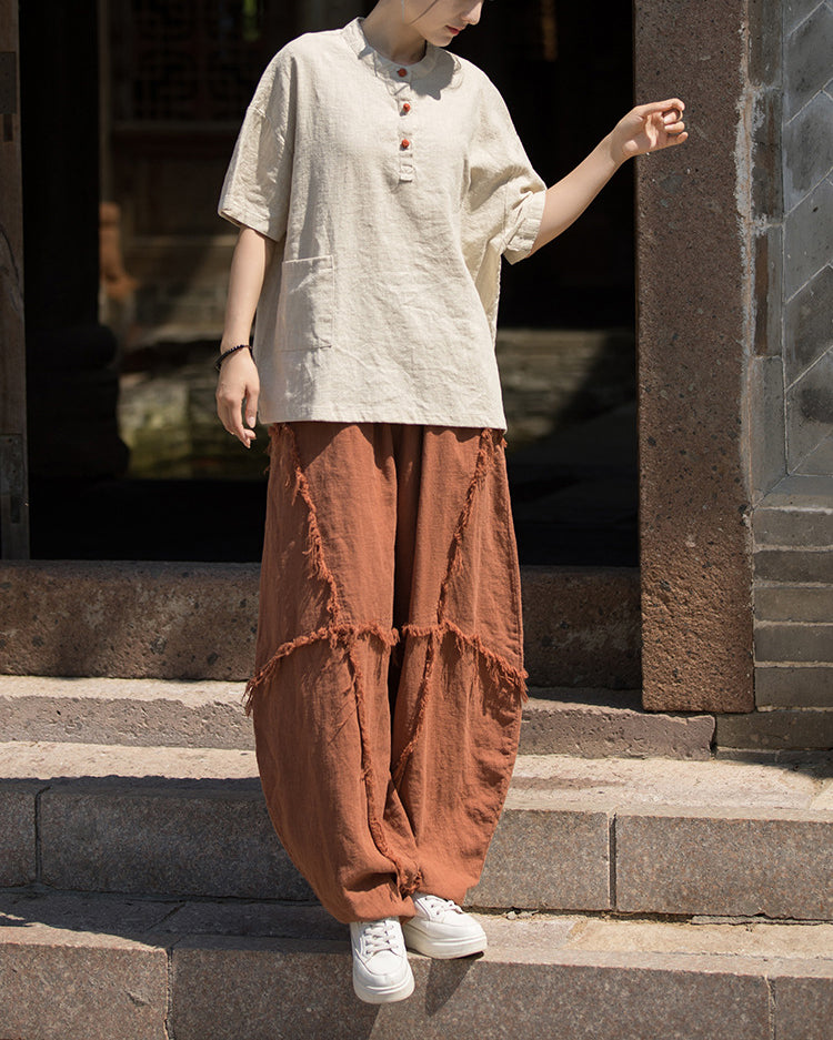 Summer Cotton Chinese t-shirt,cotton linen Washed Plate Button Women's Short Sleeve T-Shirt 20240714