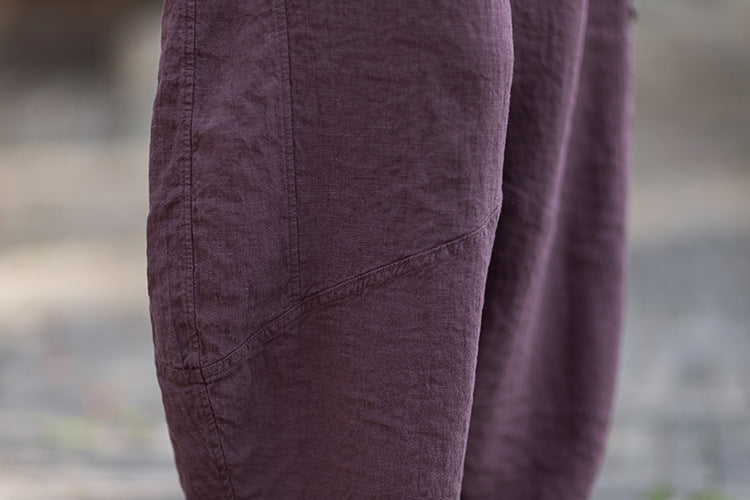 New Summer Arrival: Women's Artistic-Style Lightweight Linen Casual Pants with Elastic Waistband, Sandwashed, Distressed, Patchwork, and Cropped Bell-Bottom Design 20260511