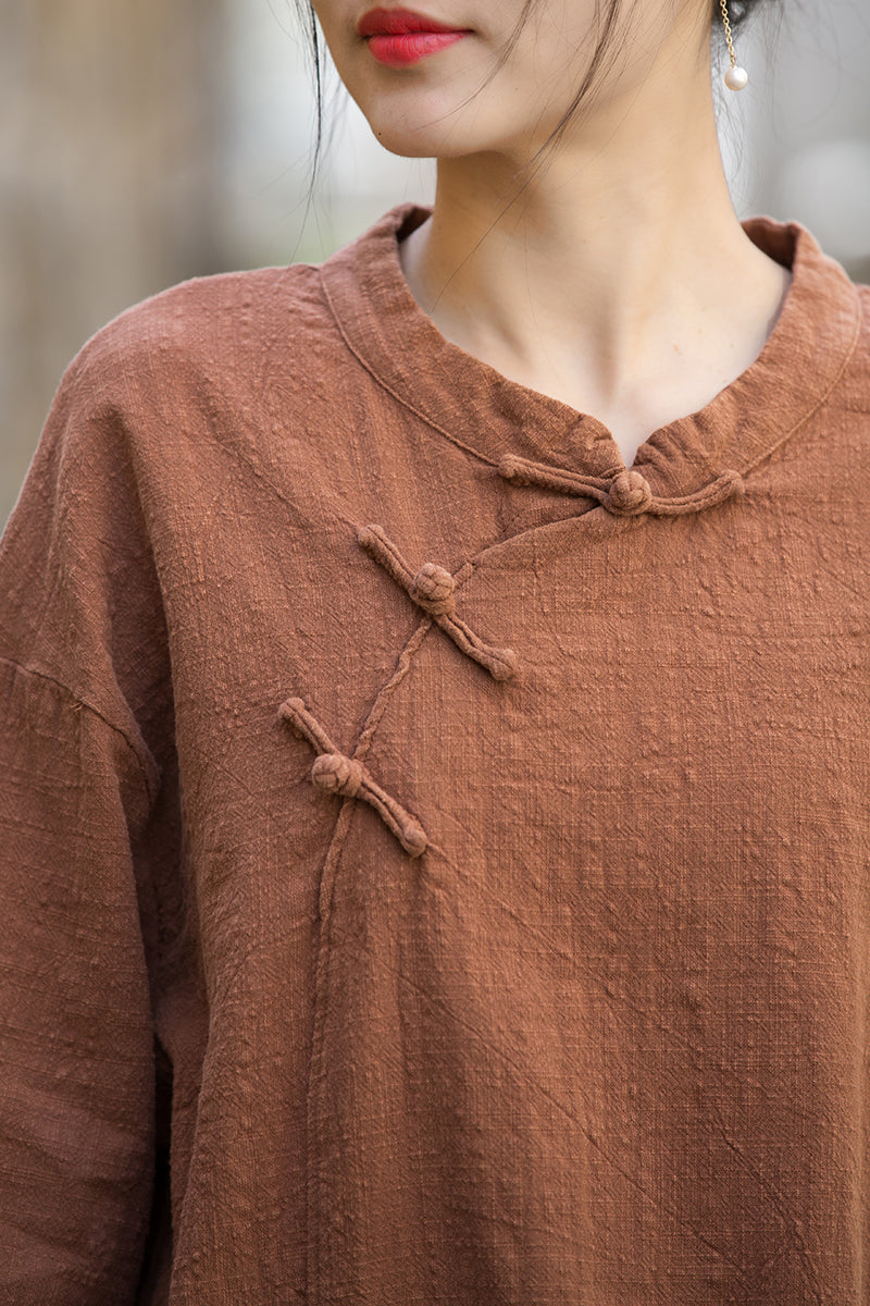 Long Sleeve Standing Collar Cotton Linen Frog Button Shirt, Vintage Chinese Casual Shirt 20250604