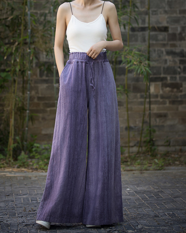 Ramie Handmade Tie-Dye Tied Mid-Waist Wide-Leg Pants, Vintage Elastic Waist Casual Trousers 20240722