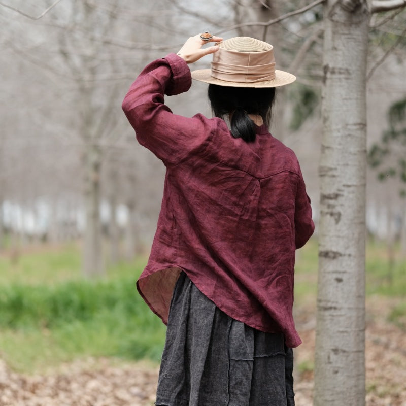 Red linen shirt, summer linen shirt, vintage Chinese loose casual shirt