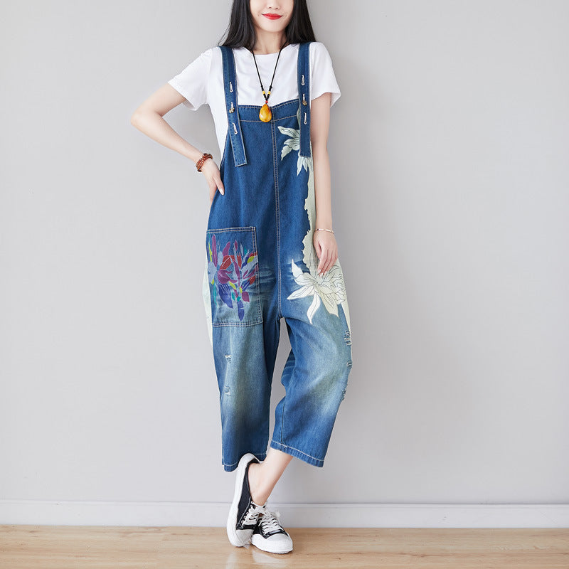 Patchwork print floral stonewashed cotton overalls, women's denim washed overalls