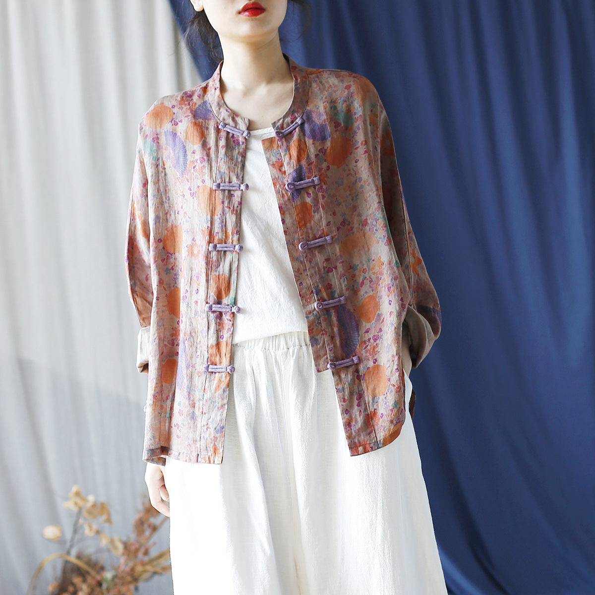 Printed Standing Collar Women Ramie Frog Button Shirt, Summer Vintage Loose Light Cardigan 20240802