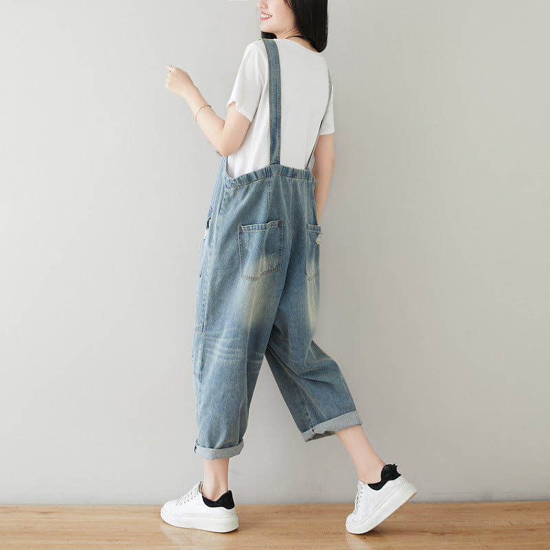 Cotton overalls, women's denim overalls, stonewashed loose overalls