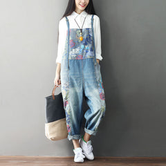 Printed cotton overalls, women's denim washed overalls