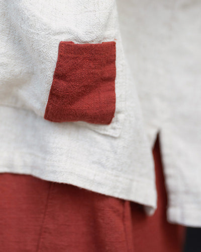 Frog button V-neck patchwork cotton  linen T-shirt, summer Chinese retro women sandwashed loose cotton  linen T-shirt 20240728
