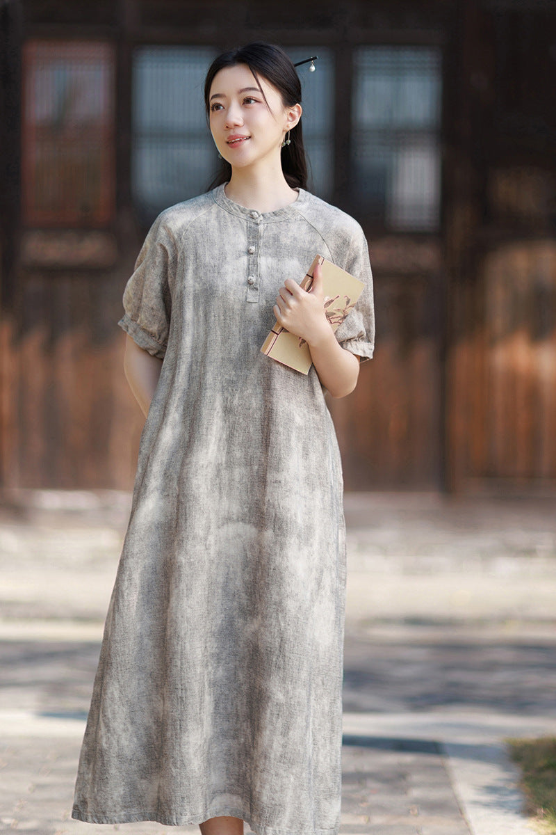 2026 Summer Ramie New Chinese-Style Modified Maxi Dress, French-Style Puffed-Sleeve Maxi Dress