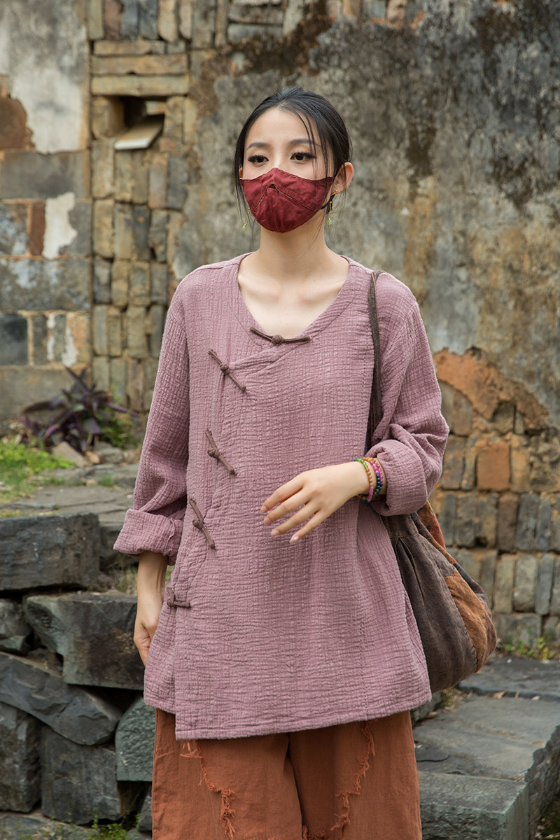Vintage Summer Chinese Boat Collar Long Sleeve Shirt, Cotton  Linen Washed Frog Long T-Shirt 20250604
