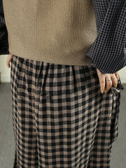 Loose-fitting cotton plaid wide-leg pants， Spring Vintage Plaid Wide-leg Pants