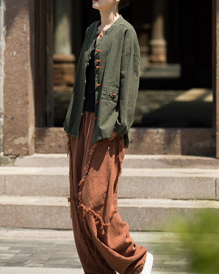 Summer cotton linen Chinese stand-up collar shirt, sandwashed frog button women's long-sleeved shirt 20240714