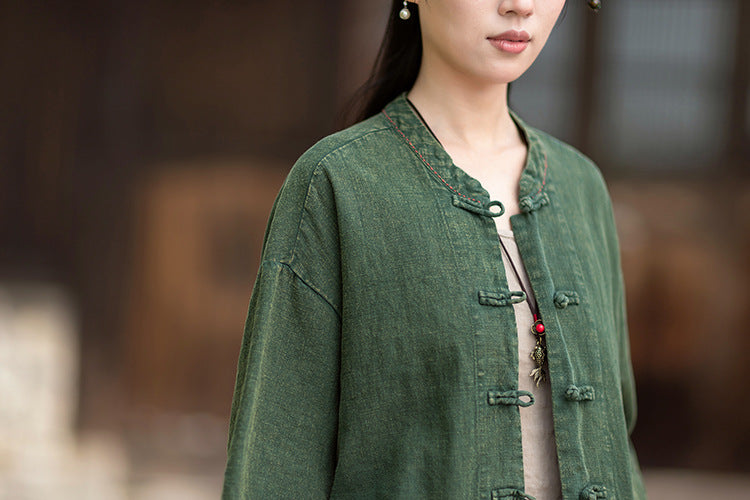 Summer New Arrival: Original Linen Hand-Knotted Button-Down Shirt with Large Pockets for Women – Vintage Distressed Jacket 20260511